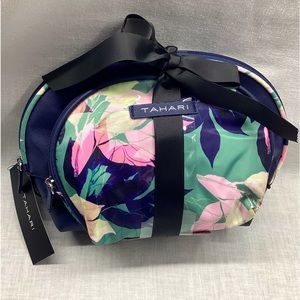 TAHARI 2 PC DOME SET WOMEN’S COSMETIC  BAGS ABSTRACT BOUTIQUET COLOR: NAVY/GREEN